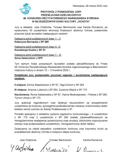 48. Konkursu Recytatorskiego Warszawska Syrenka - protokół z przeszłuchań
